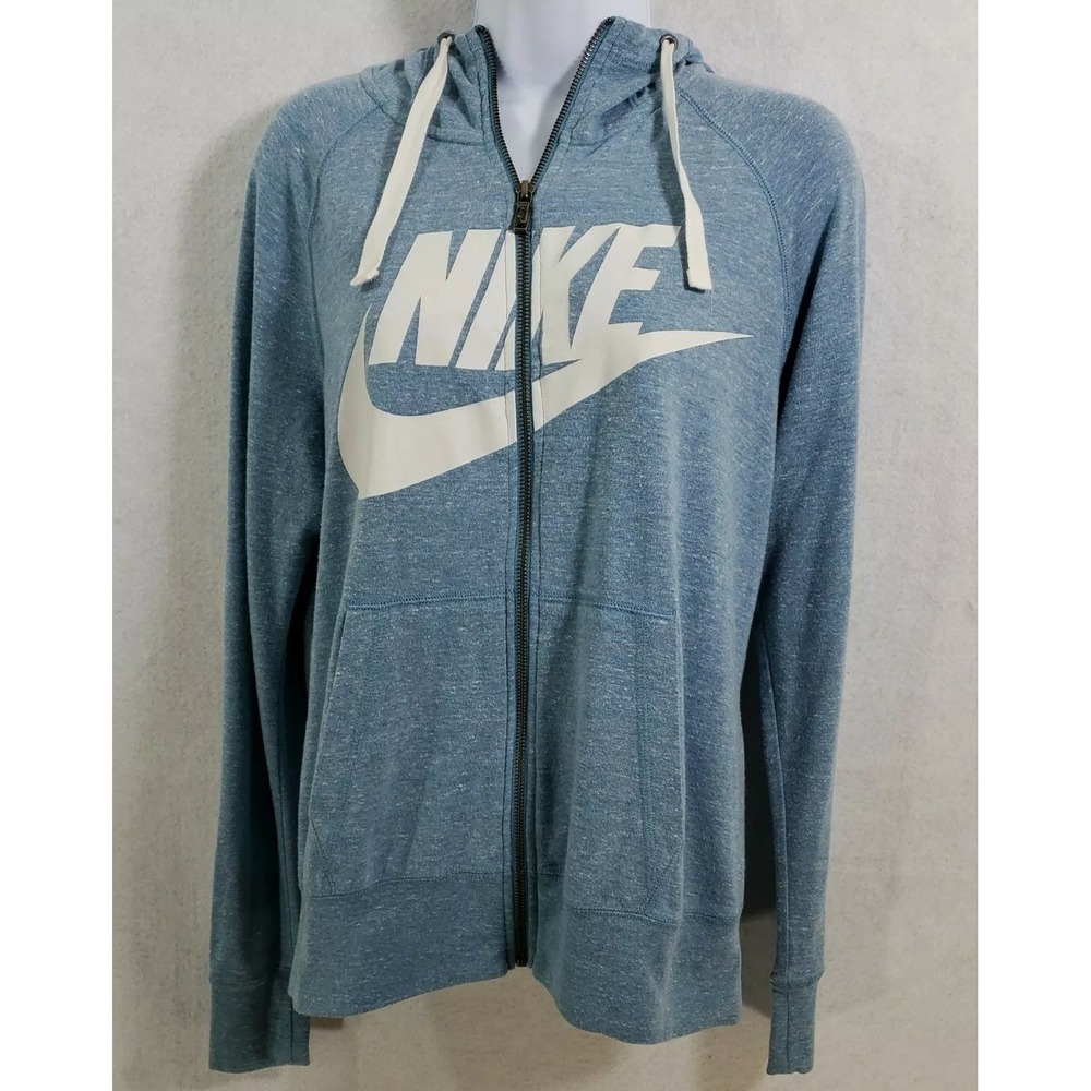 Nike Women Medium Hoodie Full Zip Blue Graphic Logo Heathered Sporty Sweatshirt